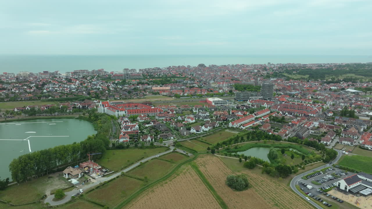 Aerial Establishing View Knokke City at Belgian Coast on a Cloudy Day