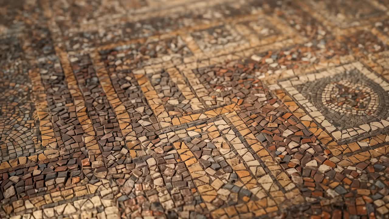 Panning camera revealing mosaic floor from low angle, focusing tesserae, grout lines, medallion