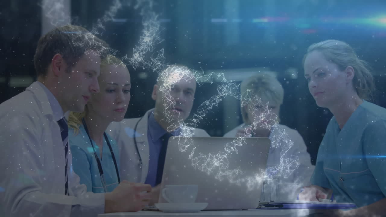 디지털 dna 애니메이션과 의료 팀 토론은 의학 연구를 강조합니다.