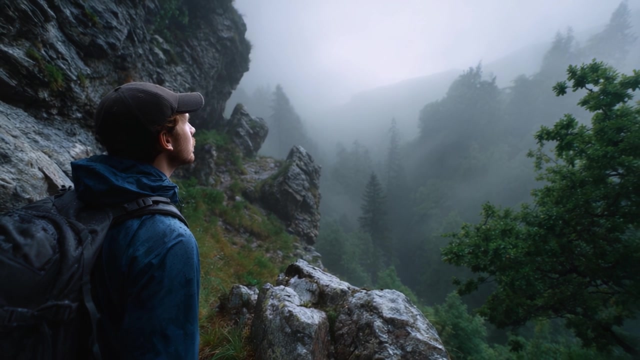 A lone hiker gazes into the misty forested valley, surrounded by rocky cliffs and lush greenery, capturing the serene yet mysterious essence of nature.