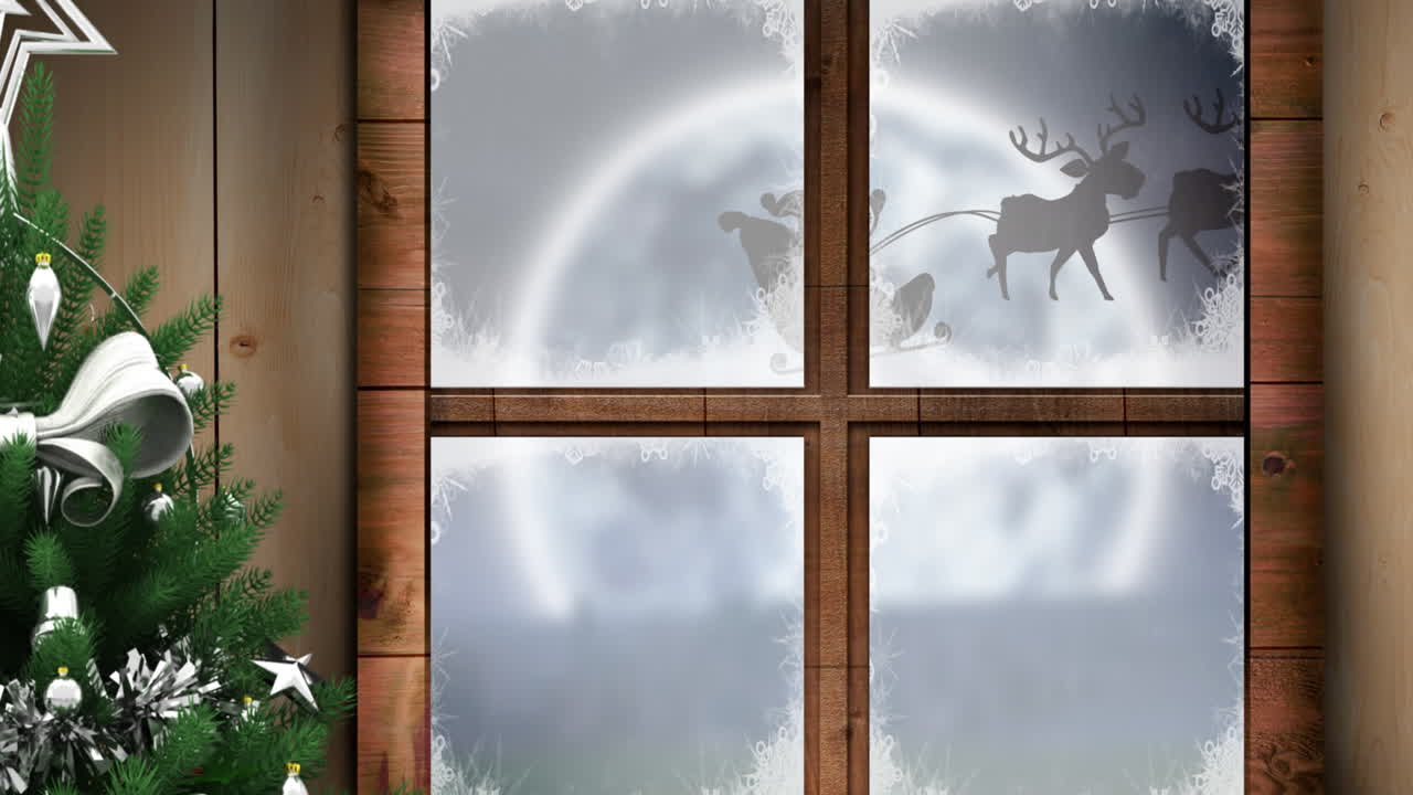 Animated Christmas scene with Santa, reindeer, and tree against the night sky.