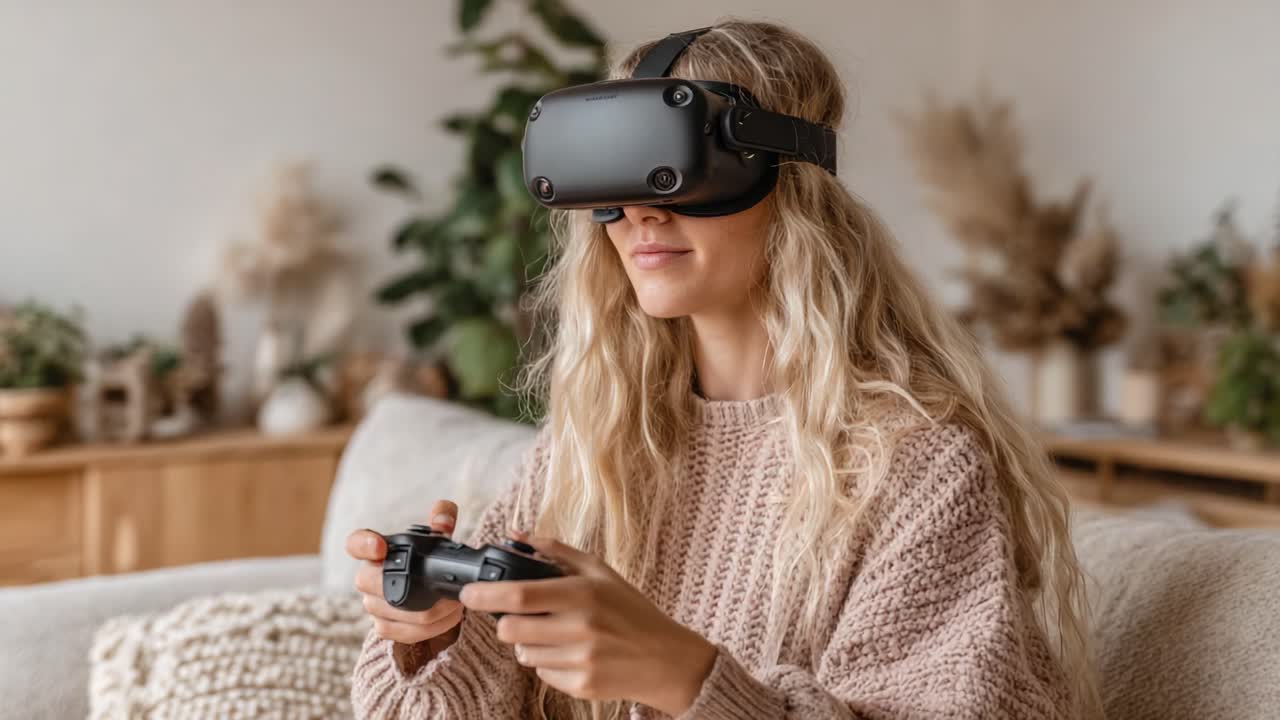 Immersione in un'esperienza di realtà virtuale: una giovane donna assorta nella cultura del gaming con un visore VR e un controller mentre si rilassa a casa