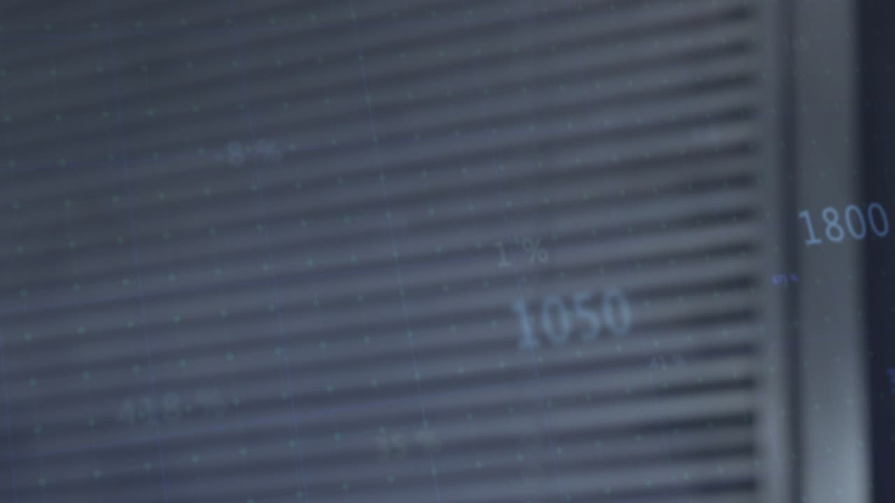 Male trainee gripping dumbbells lowering and pressing on bench while fitness charts tracking reps