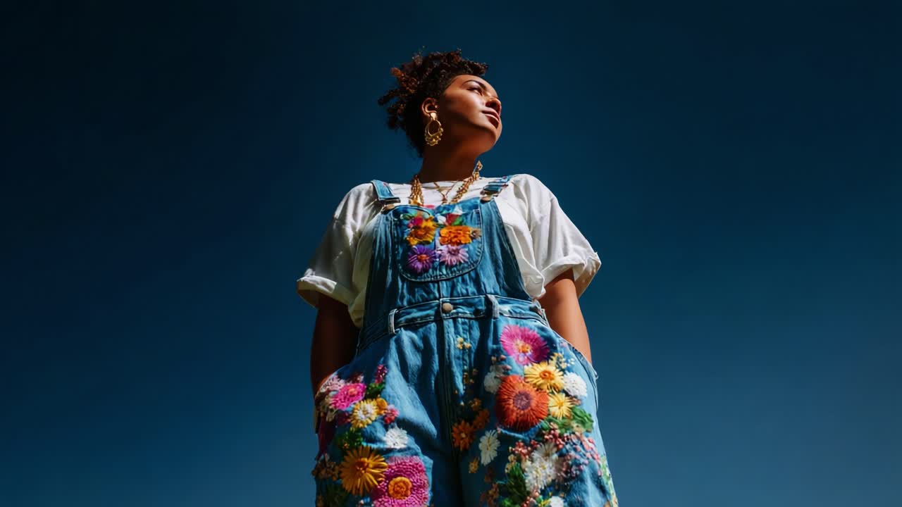 A confident individual stands tall against a clear blue sky, adorned in vibrant floral overalls that celebrate nature and personal style, showcasing an expression of individuality and creativity