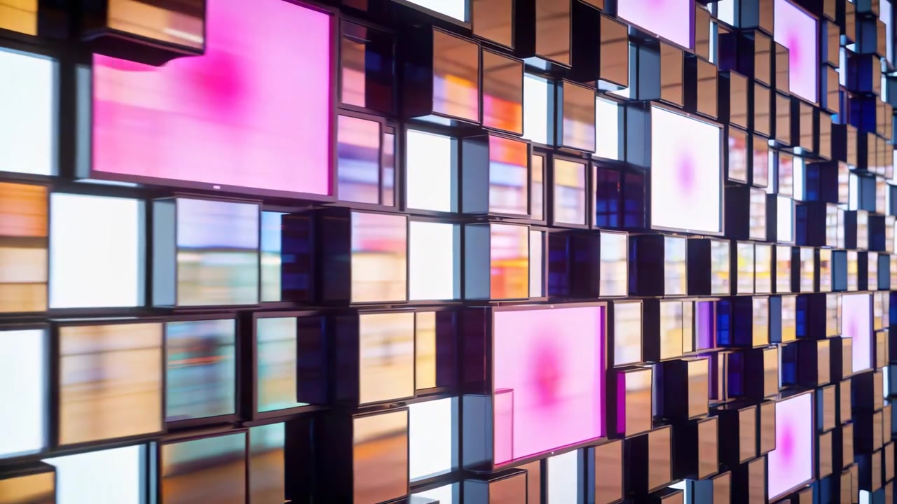 Panning camera from left, tracking modular lit wall at exhibit, showing glass blocks shifting color
