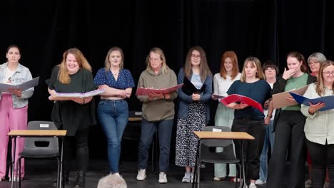 amateur drama club performers, dialogue script reading, panning left