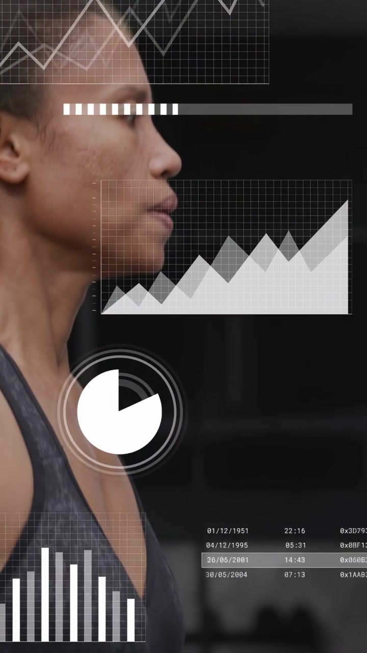 Vertical video: Woman gripping rope handles, jumping as frame rises, HUD tracking fitness metrics