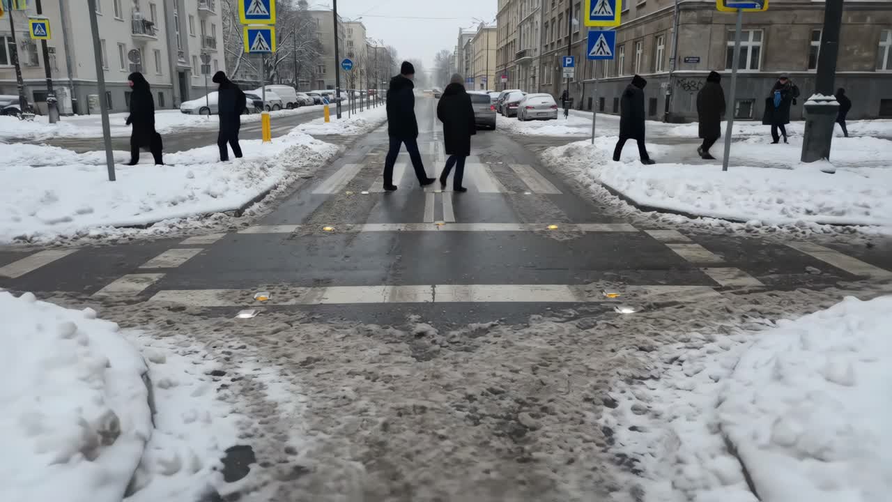 People Walking Across a Pedestrian Crossing on a Snowy City Street in Winter