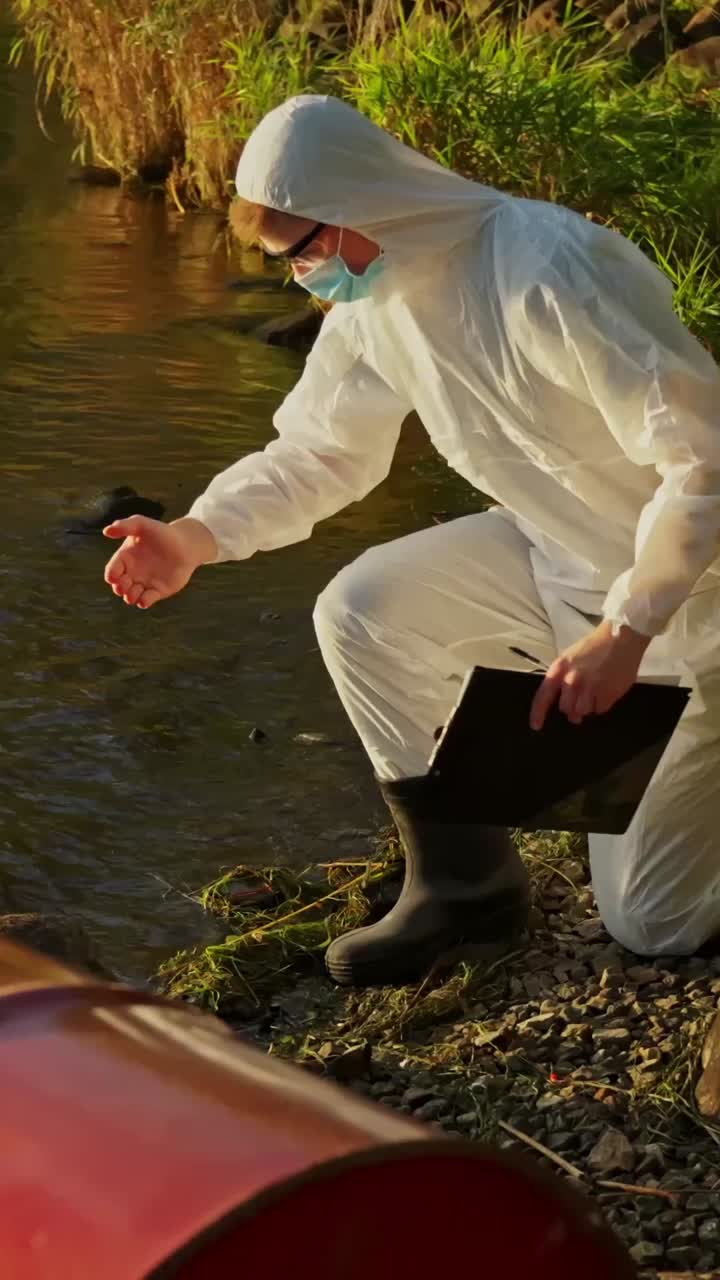 Vertical of inspector in hazmat suit bending to check water for environmental safety risks