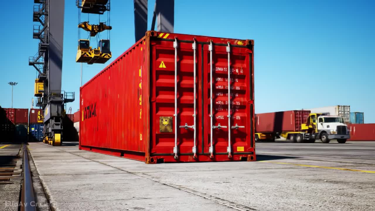 A vibrant port scene features a bright red shipping container positioned on the dock. Cranes operate above, while trucks transport containers in the background under clear blue skies.