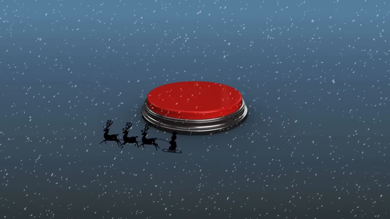Animation of snow falling over santa claus in sleigh being pulled by reindeers against red button