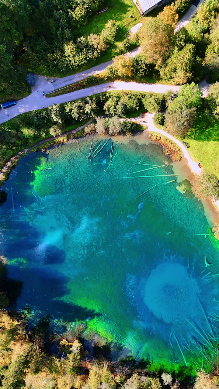 Crystal clear water of a little lake in the mountains. Top view on the Christlessee lake, Oberstdorf, Bavarian Alps, Europe. Vertical video.