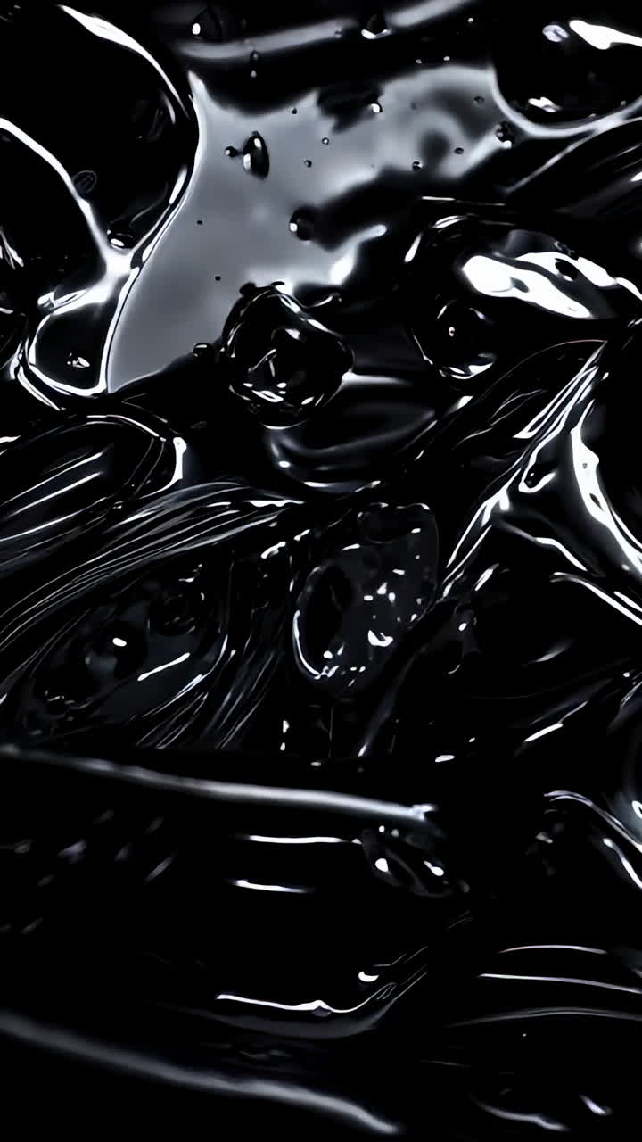 Dynamic Black Liquid Movement Captured in Close-Up During Daytime. Fluid motion of dark liquid flows and splashes under natural light, showcasing captivating textures and patterns.