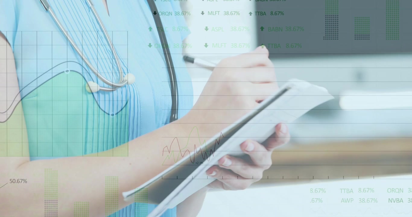 Animación de gráficos bursátiles, una doctora caucásica de medio cuerpo escribiendo en un portapapeles