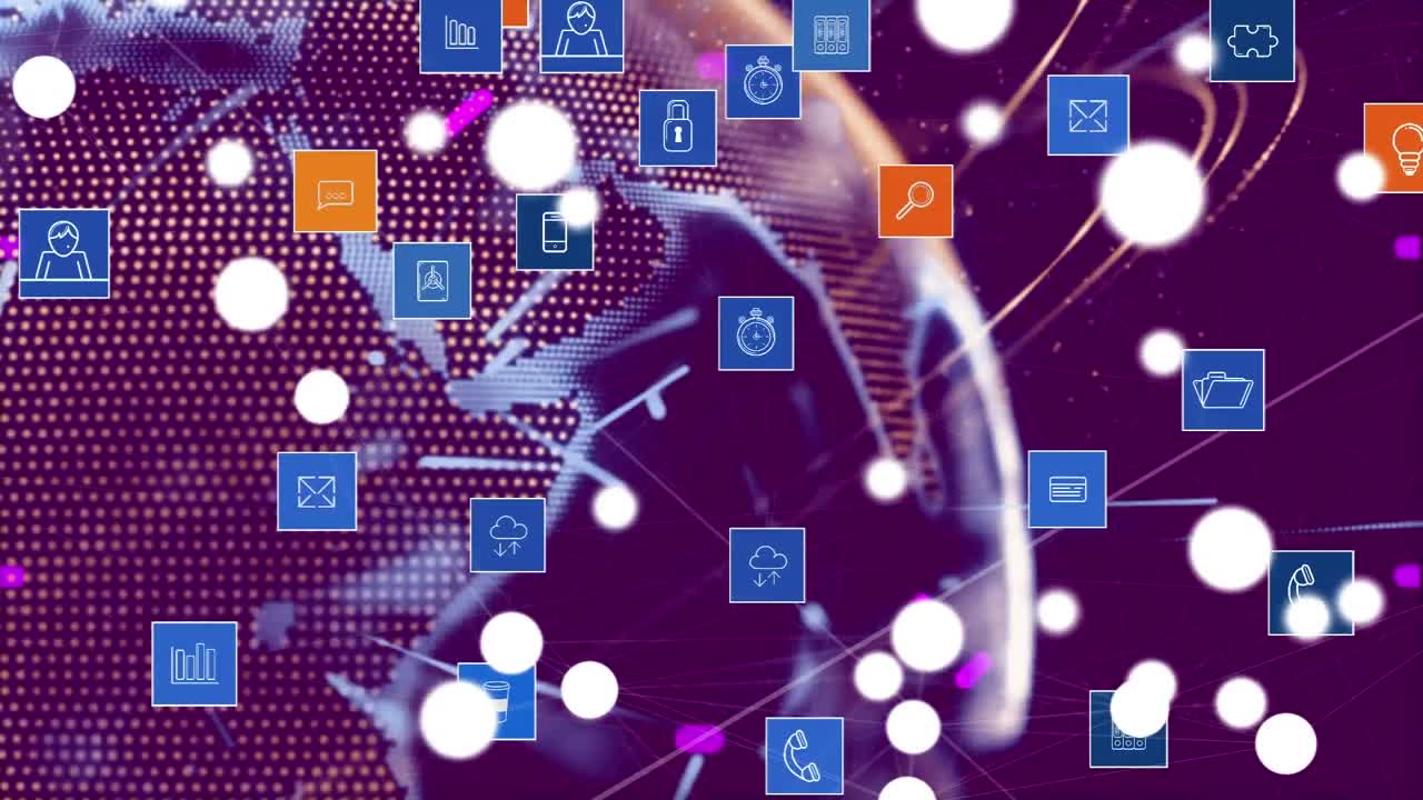 보라색 배경 위에 아이콘을 가진 연결 네트워크와 함께 지구의 애니메이션