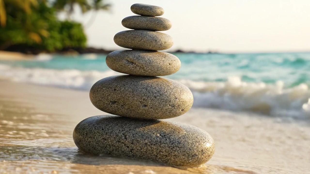 Una serena pila di pietre lisce in equilibrio con grazia su una spiaggia tranquilla con dolci onde che lambiscono la riva sotto un cielo caldo e soleggiato.