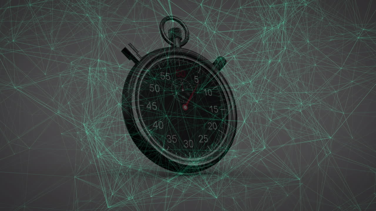 Animation of network of connections and clock over dark background
