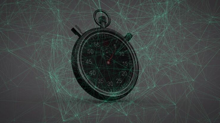 Animation of network of connections and clock over dark background