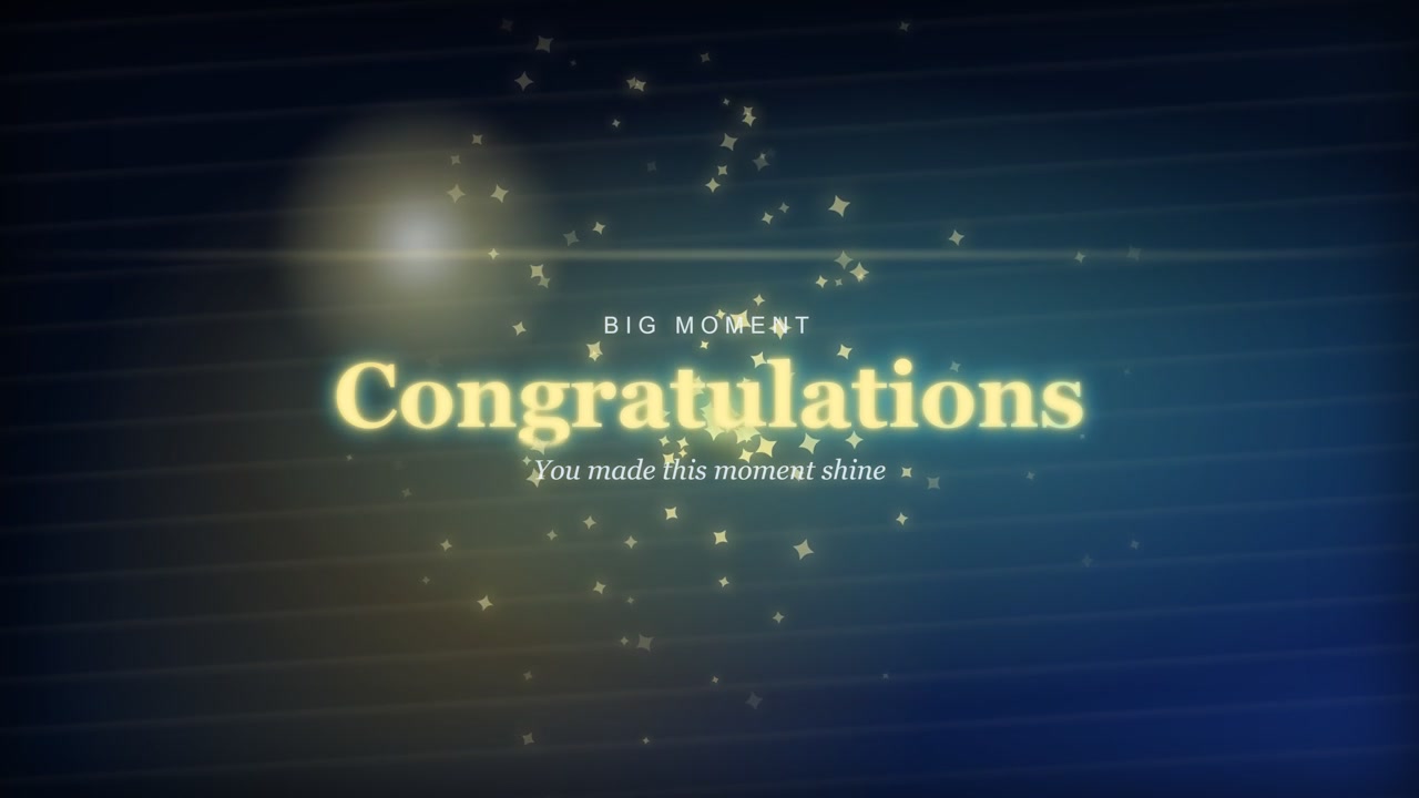 Elegant motion graphic featuring glowing congratulations text on a dark blue background with animated star sparkles. Ideal for graduation, awards, achievements, or milestone events