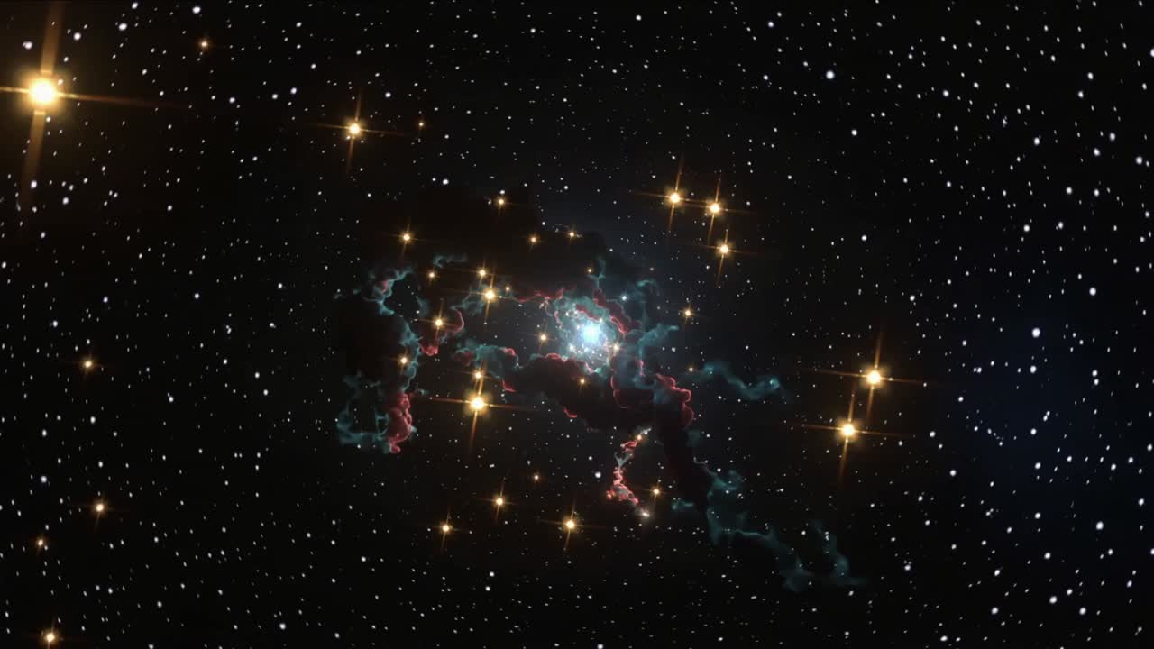 Panning camera revealing teal-pink nebula filaments in space to show bright core and spiked stars