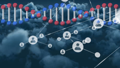 estructura de adn girando y red de íconos de perfil contra nubes oscuras en el fondo