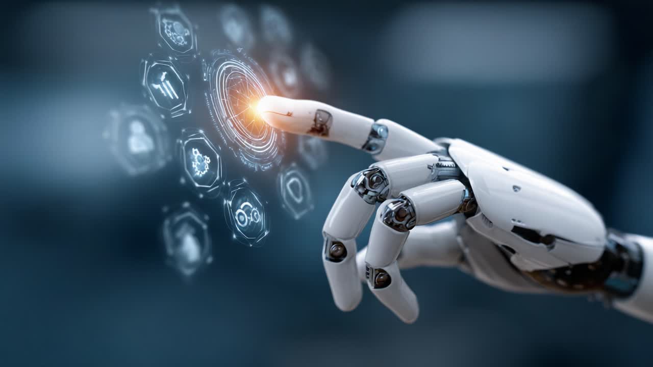 A robotic hand interacting with a futuristic interface, demonstrating advanced technology and user interaction through touch-sensitive holographic controls and digital icons