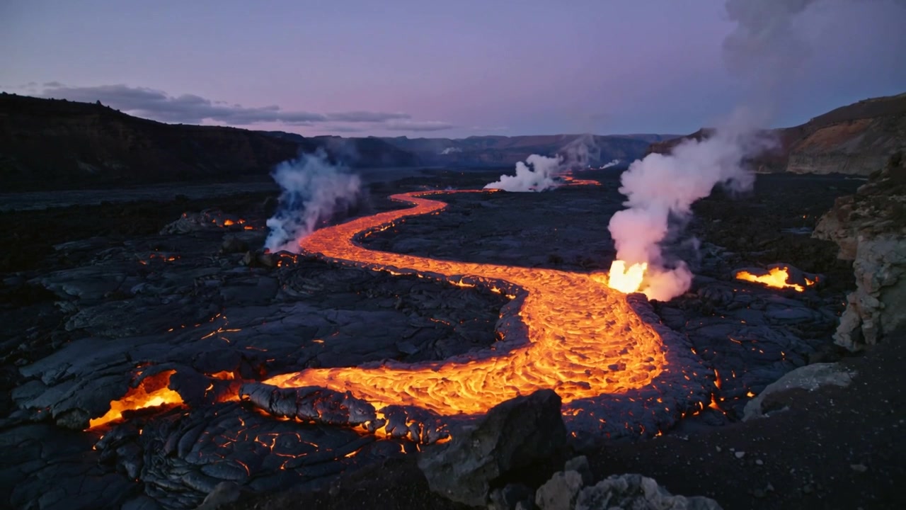 Flowing molten lava channel creeping across volcanic plain, meeting cool basalt and venting steam