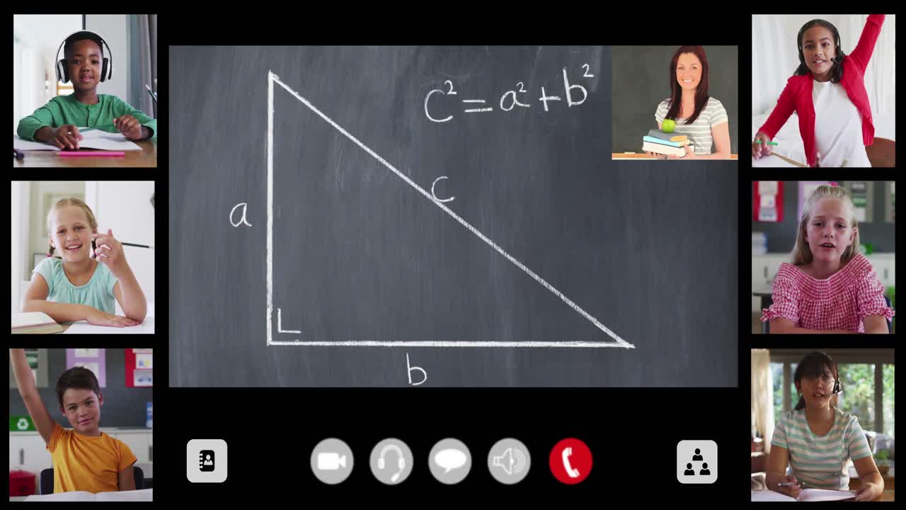 Animation of interface screen with chalkboard, teacher and six diverse children in online lesson
