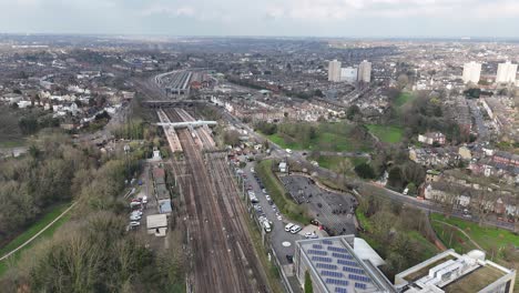 Train-on-Railway-line-Hornsey-North-London-UK-drone,aerial