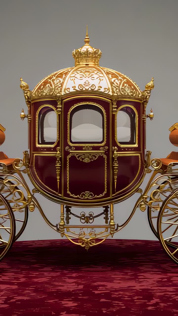 Vertical video: Opening shot in gallery showing gilded carriage on red carpeted platform panning up