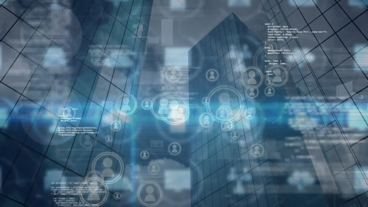 Animation of diverse data processing and floating icons over skyscrapers
