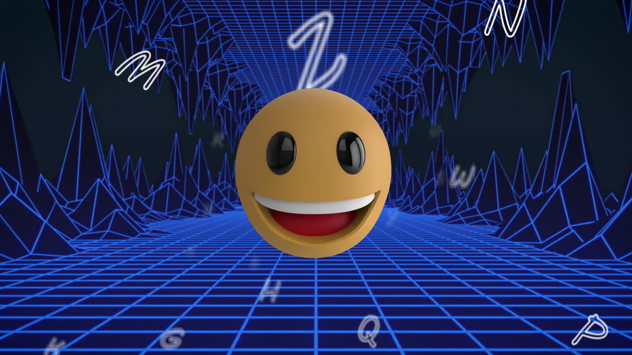 문자와 메타버스 배경 위에 떠다니는 이모지 아이콘의 애니메이션