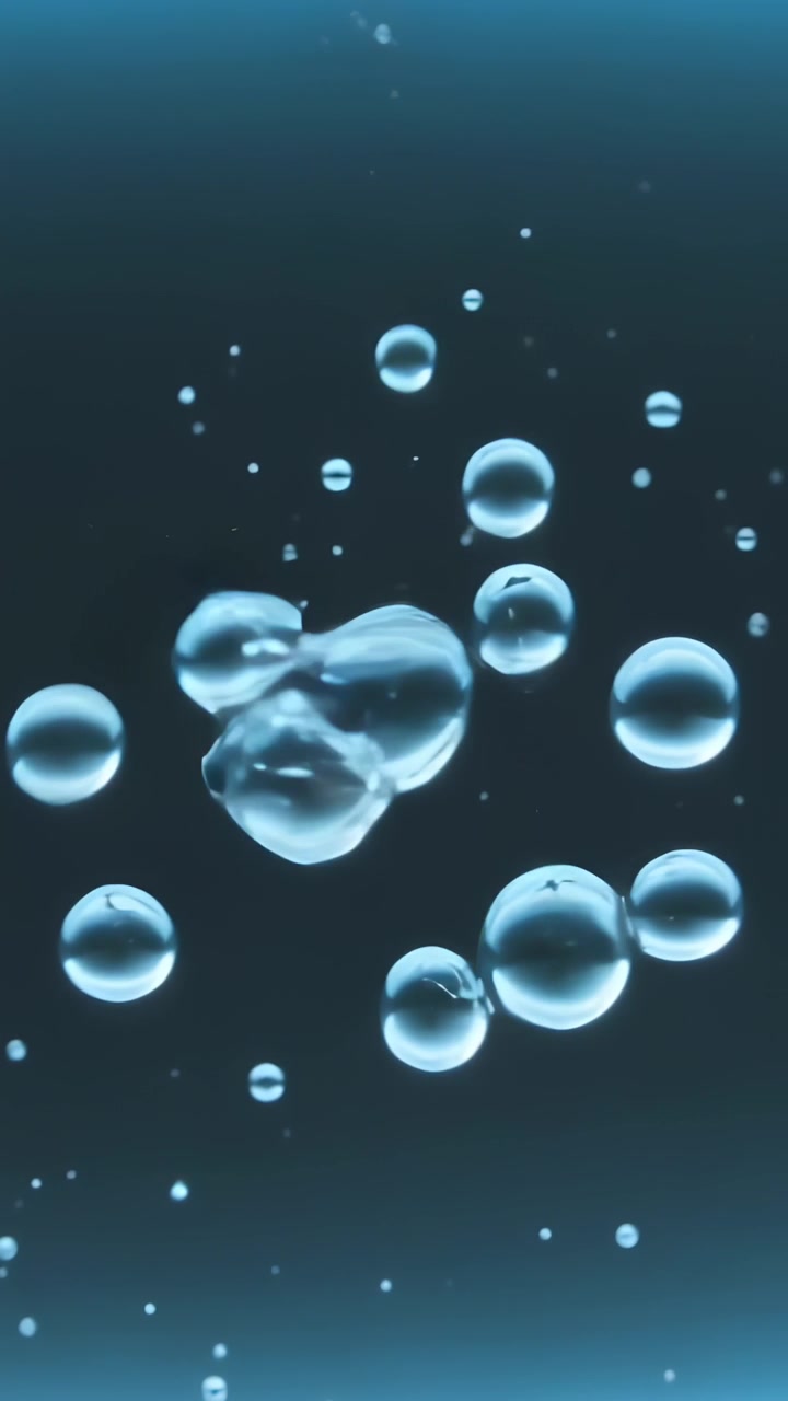 Video verticale: Bolle trasparenti che salgono e si fondono in una colonna di liquido per galleggiamento, illuminate dal bordo e punteggiate.