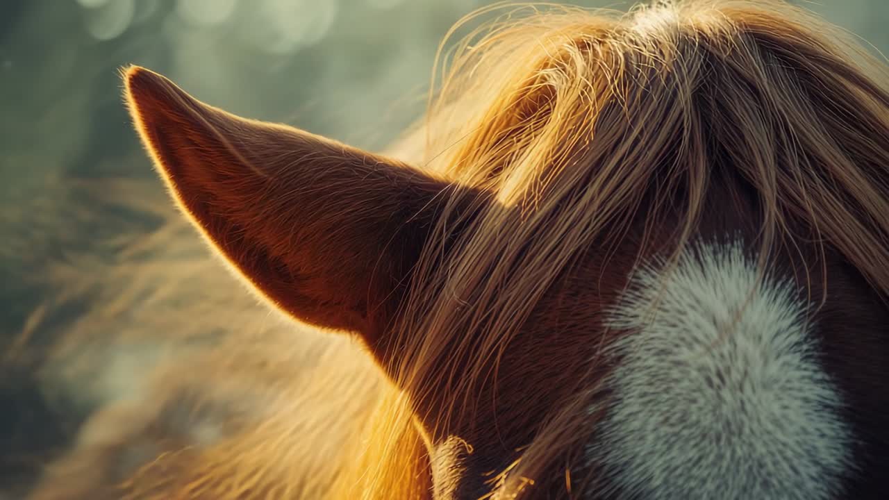 Standing chestnut horse head bearing white blaze in pasture mist, mane fluttering in gentle breeze