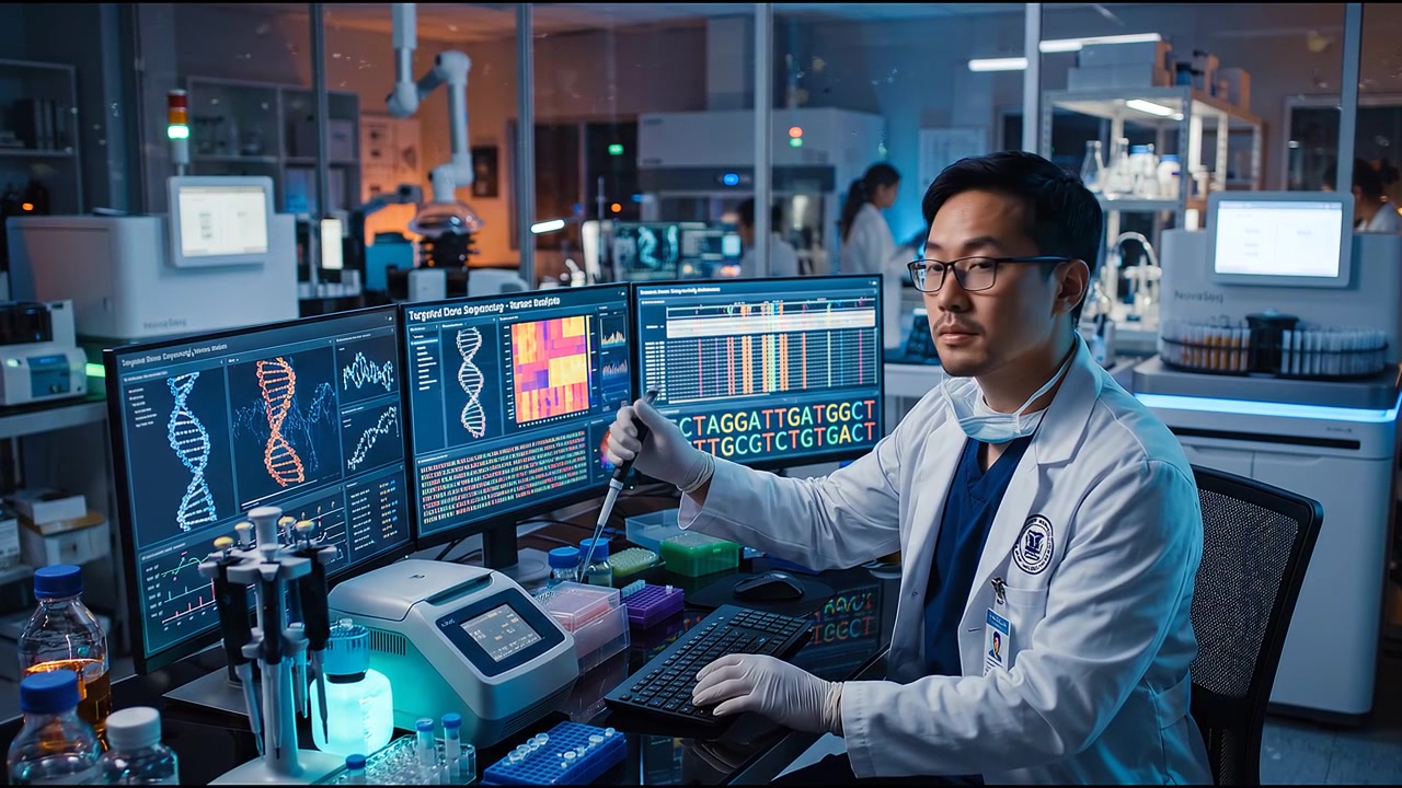 Genetics researcher analyzing molecular data and DNA visualizations in a laboratory with advanced medical equipment nearby