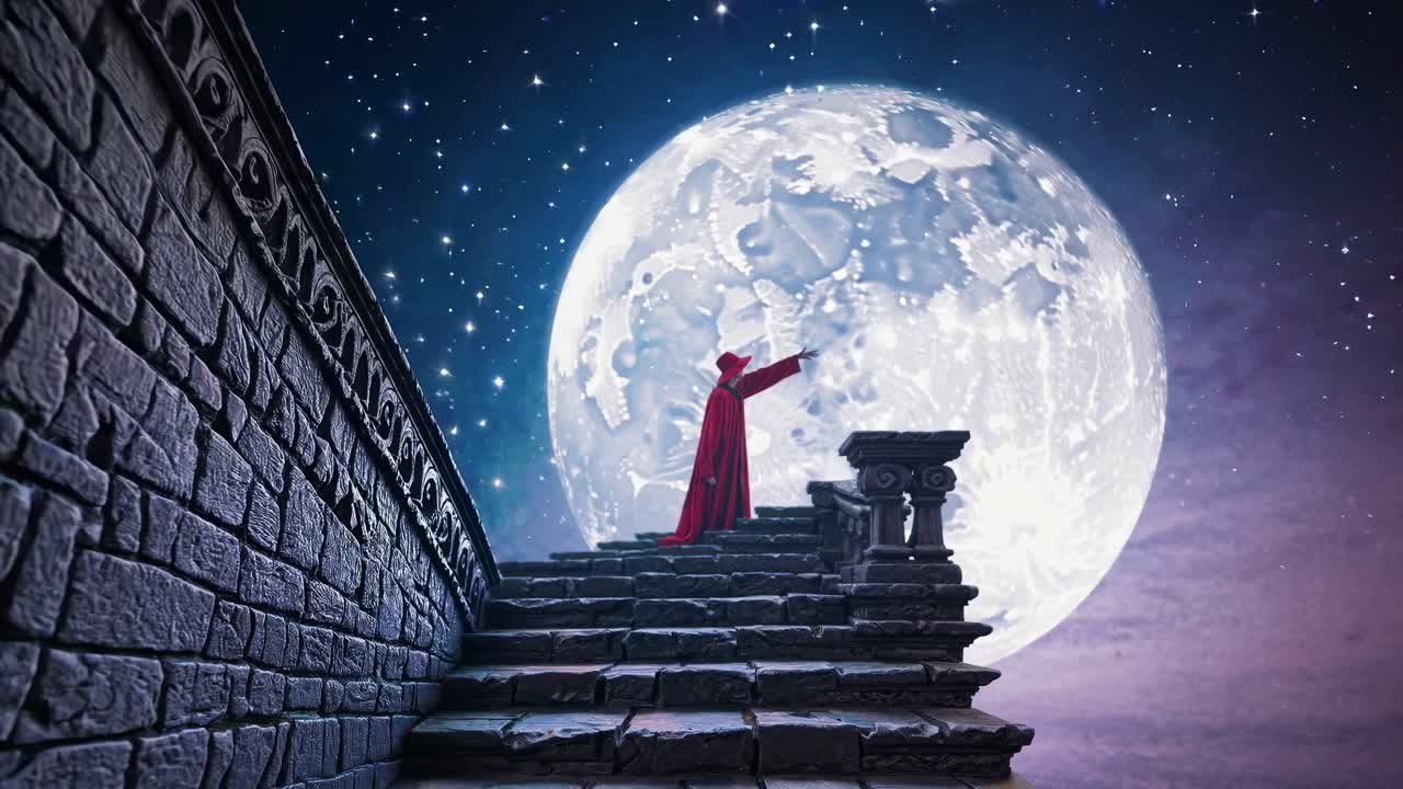 Wizard wearing a red cloak and hat stands on ancient stone stairs, pointing towards a large full moon in a starry night sky, creating a magical and mystical atmosphere