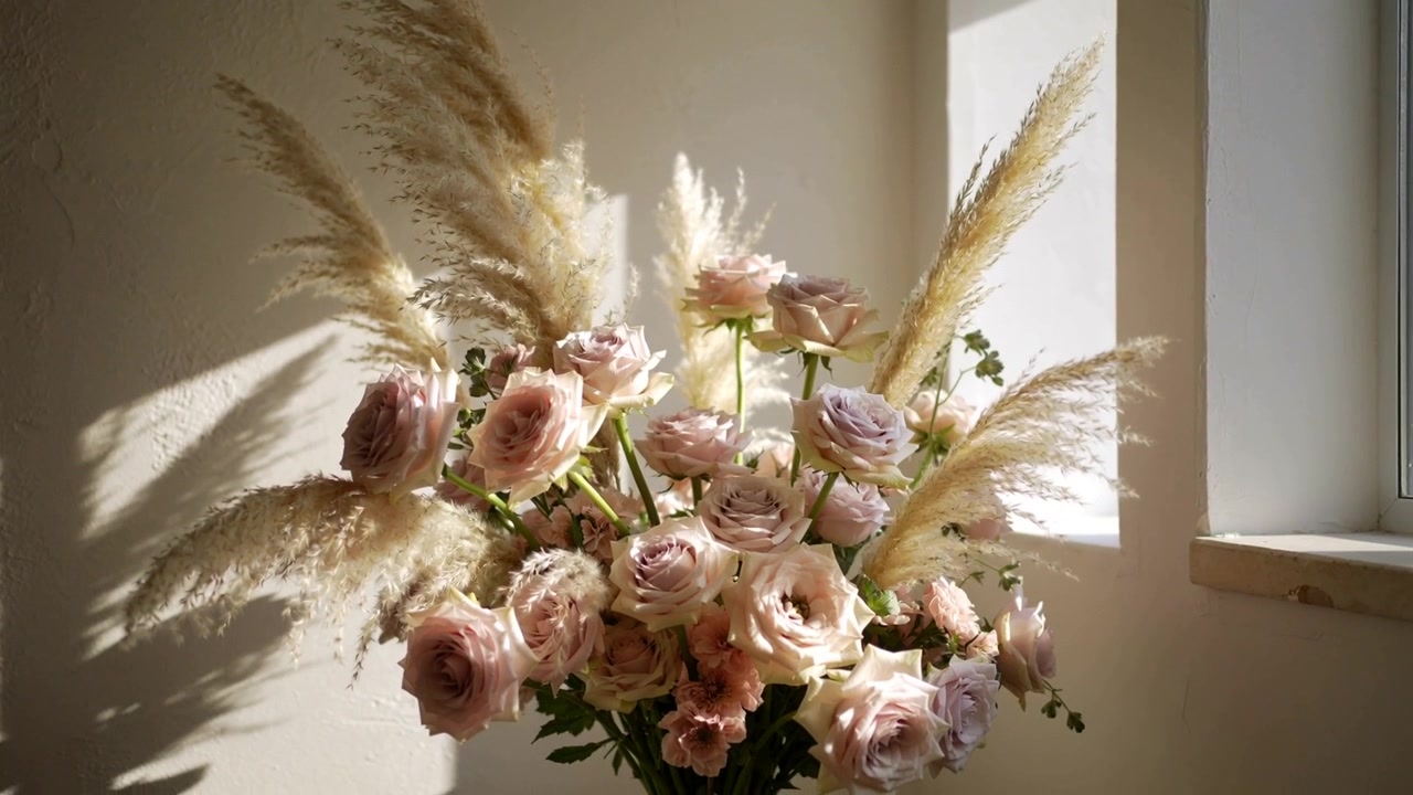 La luce solare che si sposta illumina un bouquet di rose vicino alla finestra, scorrendo sulla parete e mettendo in risalto i pennacchi di pampa.