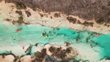 vista de pájaro, drone, tiro, de, kayakistas, pasar, por, el, los, rapidos, "rapids", pasadizo, ubicado, en, bacalar, méxico, en, el, estado de quintana roo, en, 4k