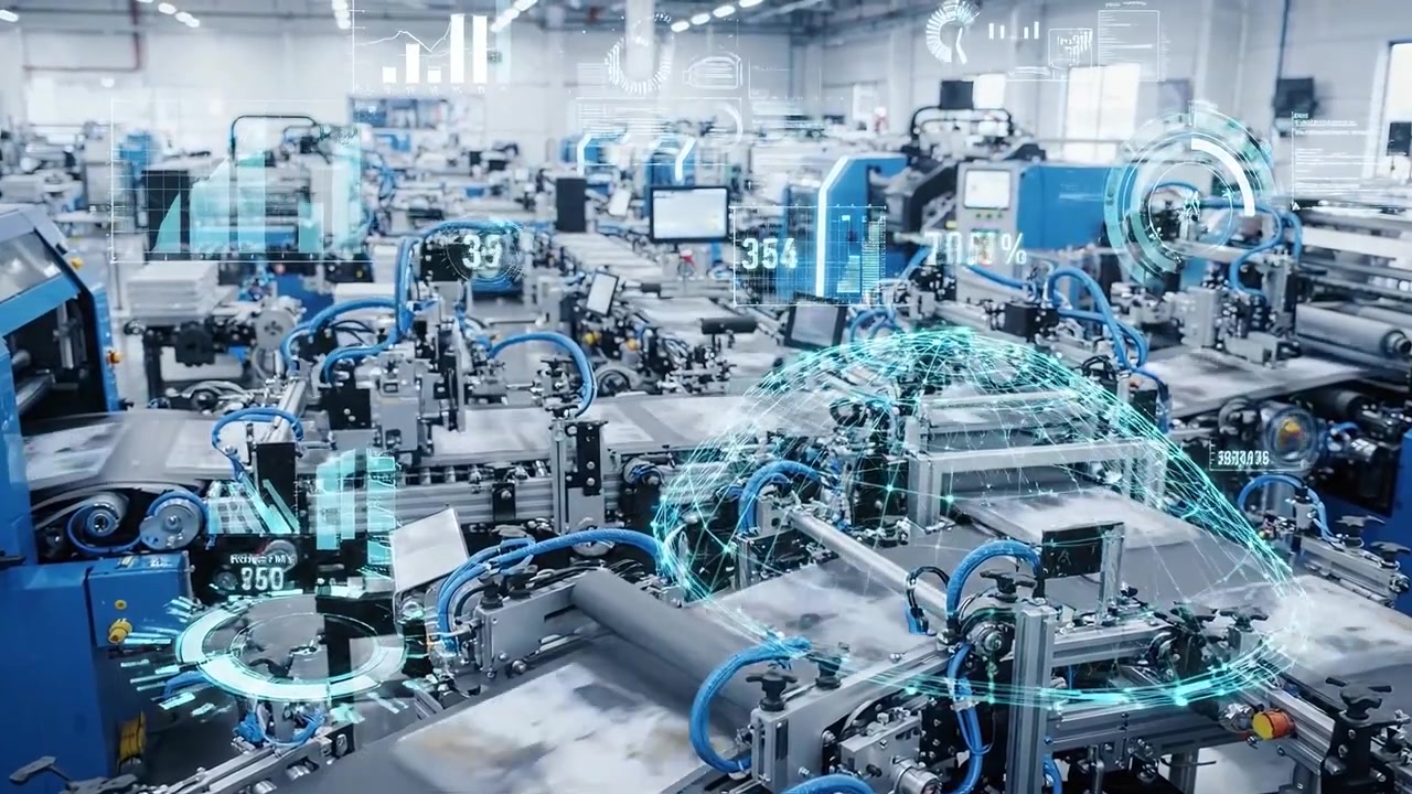 High-Tech Industrial Factory with Automated Machines and Digital Interface