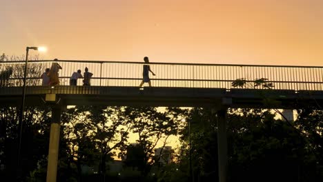 silhouettes of people walking on a bridge against a vibrant orange sunset sky, surrounded by tree outlines.
