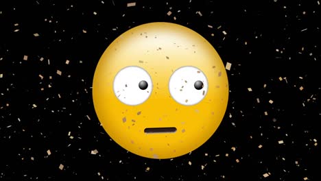 Animación-Digital-De-Confeti-Dorado-Cayendo-Sobre-Emoji-De-Cara-Confusa-Sobre-Fondo-Negro