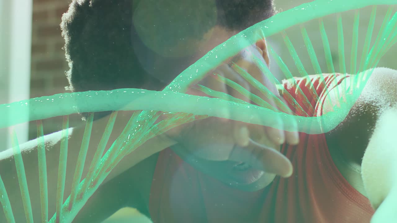 Adult man leaning reacting to drifting DNA helix post exercise lifting hand and breathing heavily