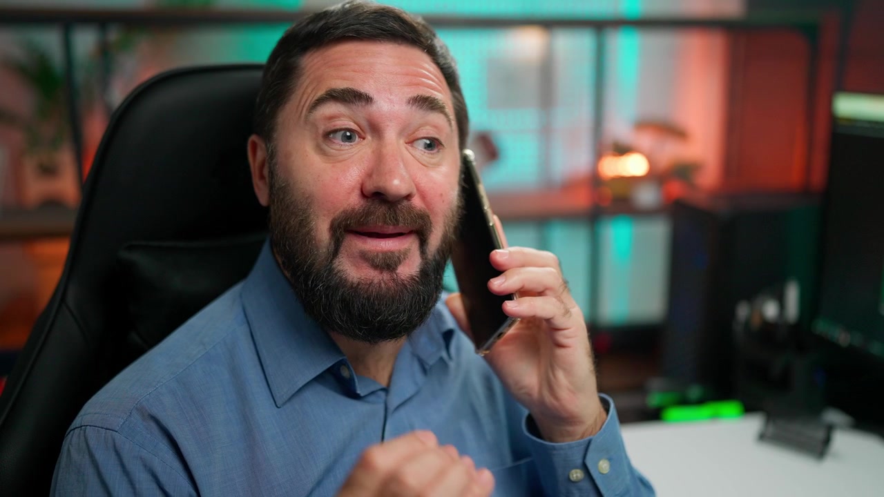 Bearded Man Talking on Smartphone with Varying Emotions