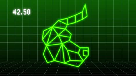 Animation-of-bull-profile-geometrical-shape-and-financial-graph-over-dark-green-background