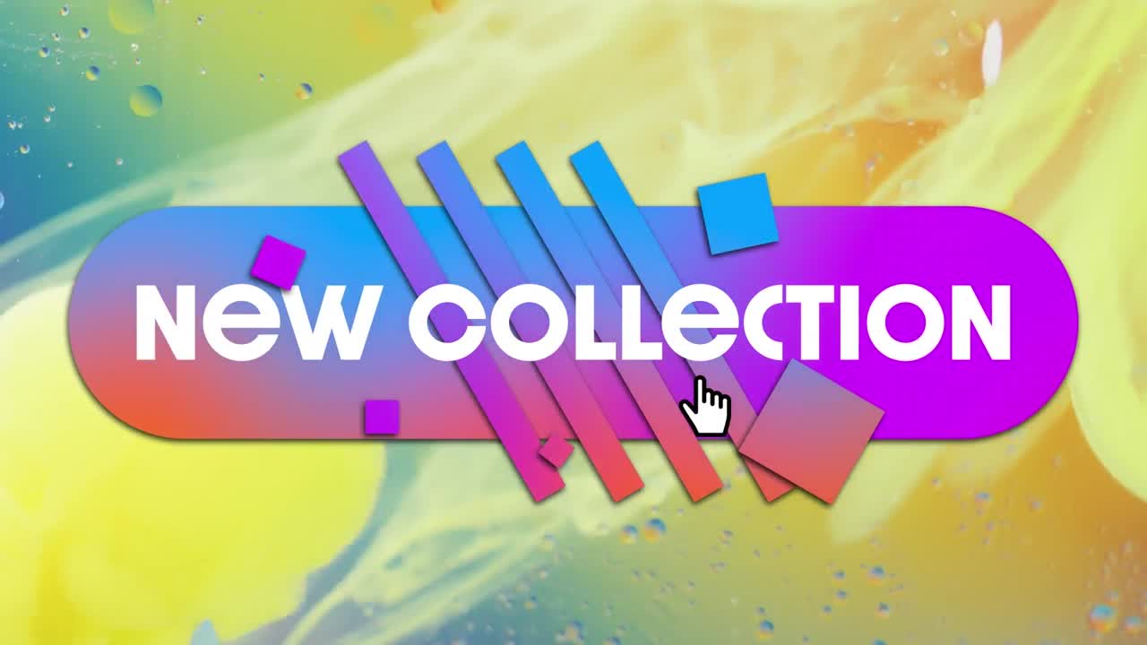 animación del nuevo texto de la colección sobre un fondo abstracto con patrones líquidos