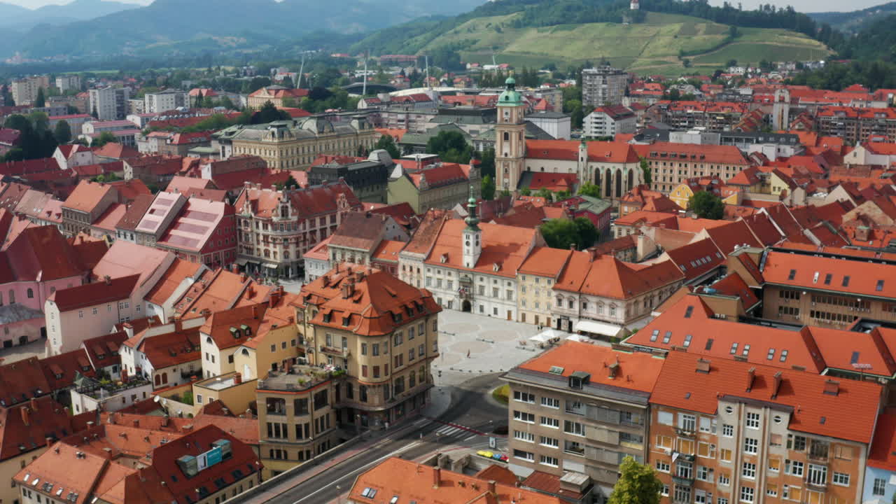 Aerial View of a European City with Red Roofs