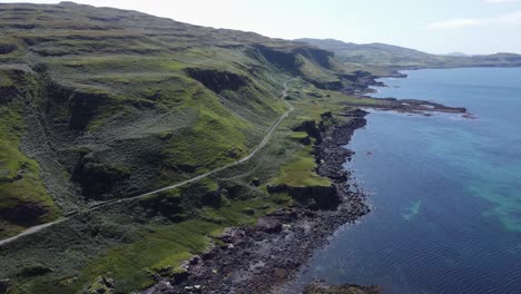 Scenic-Road-Along-Mountain-Lanscape-Near-Calgary-Bay-Beach-on-Isle-of-Mull-Inner-Hebrides-off-West-Coast-of-Scotland