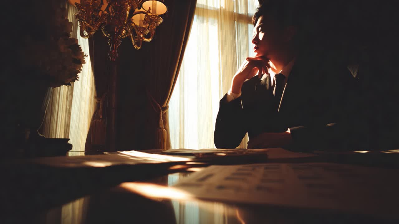 Contemplative Moments: A Thoughtful Individual in Elegantly Decorated Room Bathed in Soft Natural Light, Reflecting on Contemplation and Introspection