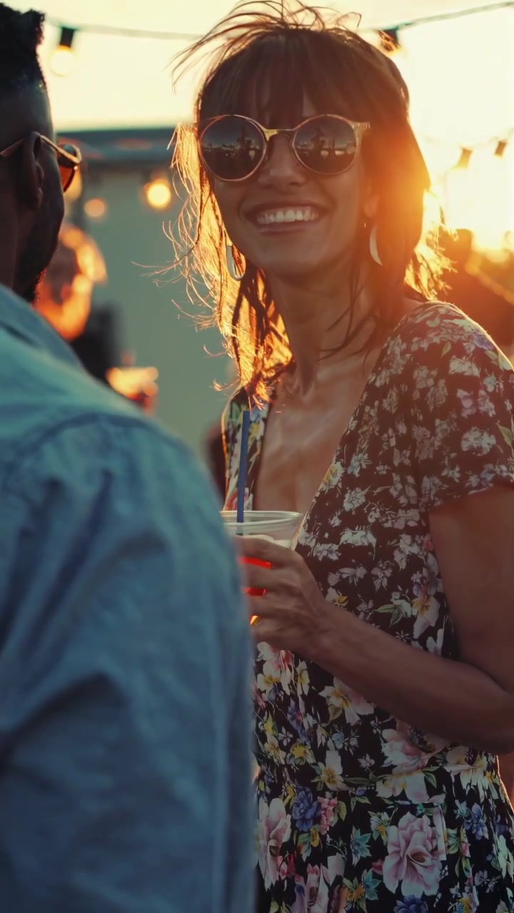 Lächelnde Frau mit Getränken auf einer Outdoor-Party zur goldenen Stunde