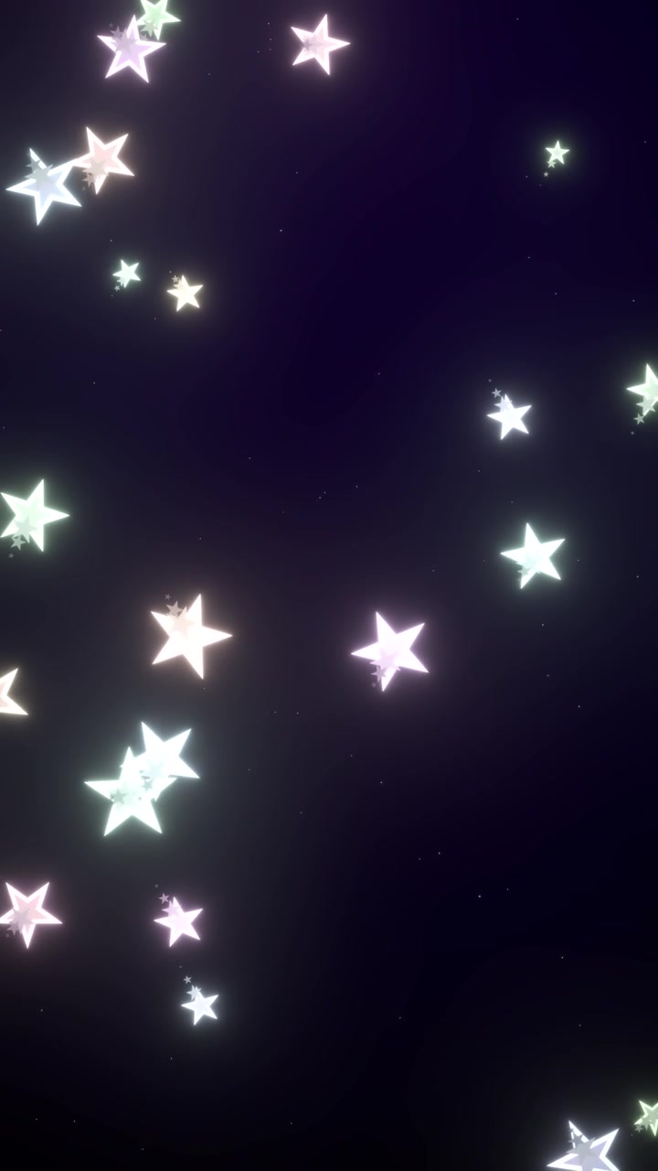 Estrelas luminosas e multicoloridas flutuam para baixo contra um fundo ultravioleta escuro com uma iluminação de vinheta sutil.